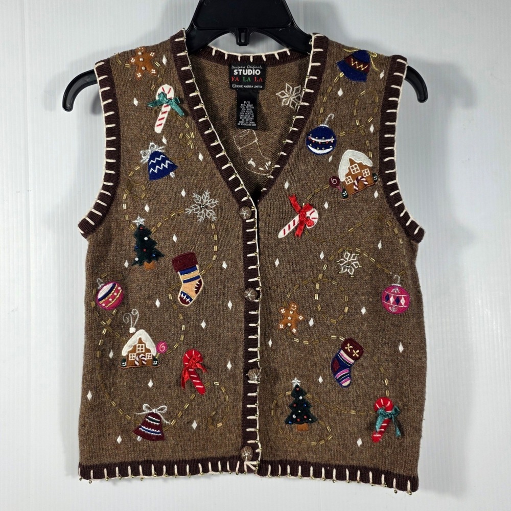Designers Originals Studio Brown Christmas Holiday Embroidered Beaded Vest P/S